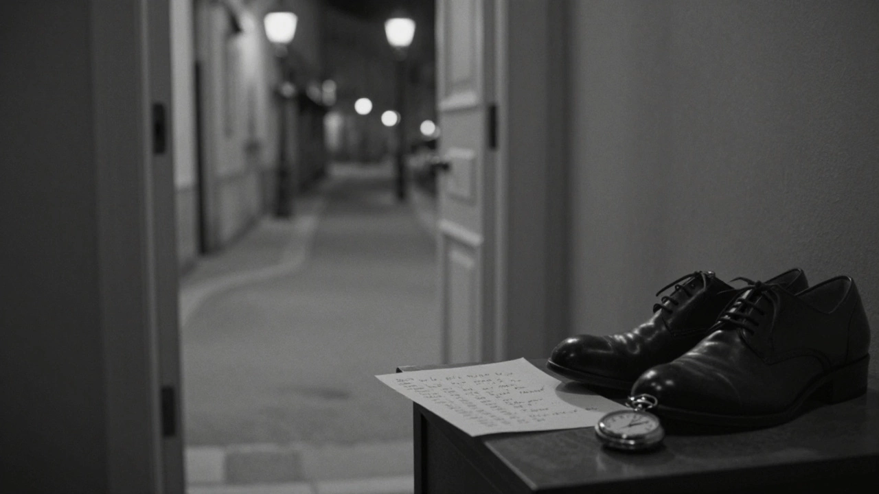 A handwritten note and personal items left on a bedside table, suggesting a quiet, respectful encounter.