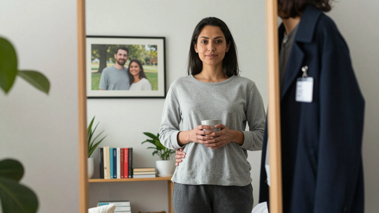A person and their partner embracing in front of a mirror, surrounded by personal items.