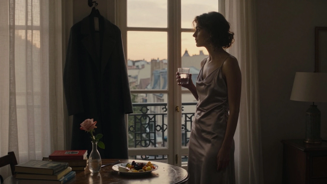 A woman standing by a window in Montmartre at sunset, calm and composed in a simple dress.